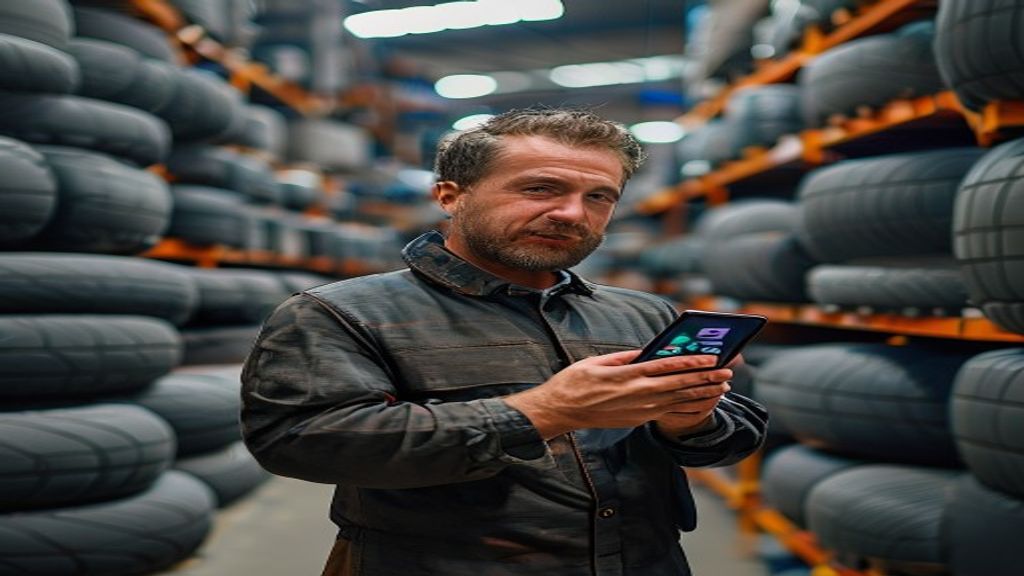 Profissional usando aplicativo de celular para registrar coleta de pneus em depósito de recapadora